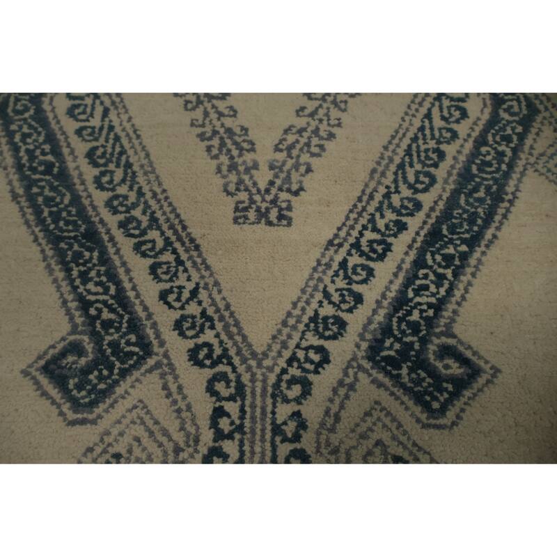 Hand Knotted Oriental 100% Wool Carpet Modern Geometric Beige & Ivories Contemporary Runner Rug - 9' 0'' X 2' 3''