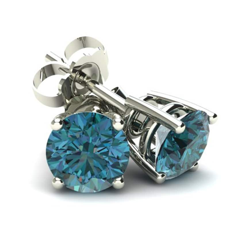 1/2Ct Round Brilliant Cut Heat Treated Blue Diamond Stud Earrings in Gold Basket Setting
