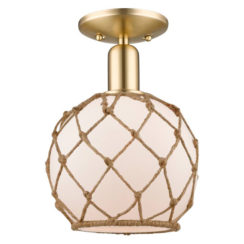 Innovations Lighting Endless Possibilities Arcadia - Farmhouse Rope - 1 Light 8" Semi-Flush Mount - White Glass with Brown Rope/Champagne Bronze