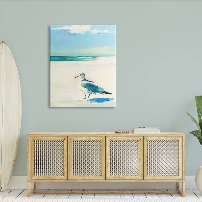 Stupell Seagull on Sandy Shore Soft Tranquil Beach Scene Canvas Wall Art - Blue