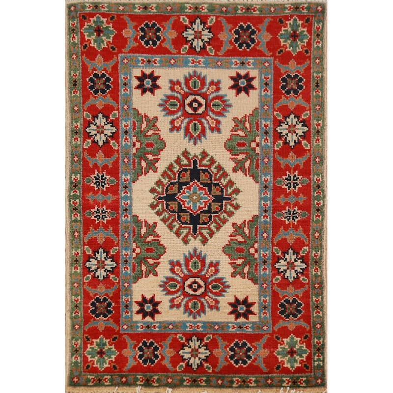 Geometric Kazak Oriental Accent Rug Hand-Knotted Beige Wool Carpet - 2'0" x 3'0"