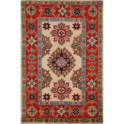 Geometric Kazak Oriental Accent Rug Hand-Knotted Beige Wool Carpet - 2'0" x 3'0"