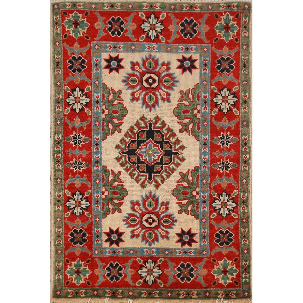 Geometric Kazak Oriental Accent Rug Hand-Knotted Beige Wool Carpet - 2'0" x 3'0"