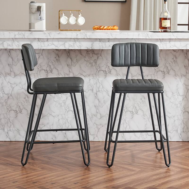 Industrial Bar Stools Set Of 2,Chairs With Pu Leather Upholstery Metal Frame, Vintage Bar Chairs With Backrest Footrest - Grey