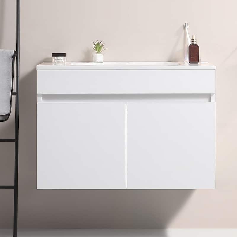 36"Wall Mounted Bathroom Vanity with White Ceramic Basin,Two Soft Close Cabinet Doors,Solid Wood,Excluding faucets