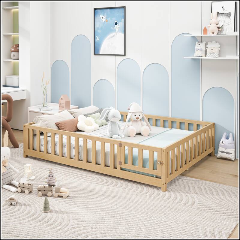 Full Size Floor Platform Bed with Fence and Door for Kids