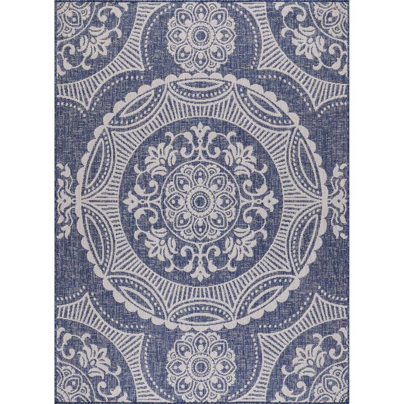 Beverly Rug Blue Medallion Indoor Outdoor Rug, Outside Carpet for Patio, Deck, Porch