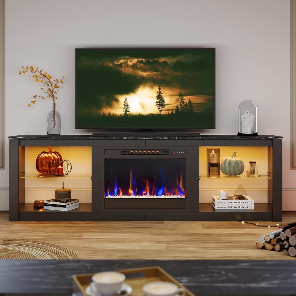 Bestier 70 Inch Fireplace TV Stand for TV up to 75", LED Entertainment Center with 23" Electric Fireplace and Glass Shelves