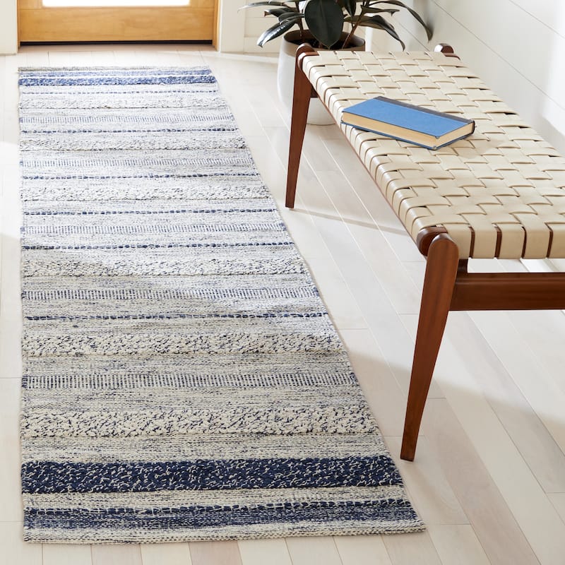 SAFAVIEH Handmade Striped Kilim Brianna Modern Cotton Rug - 2'3" x 9' Runner - Ivory/Navy