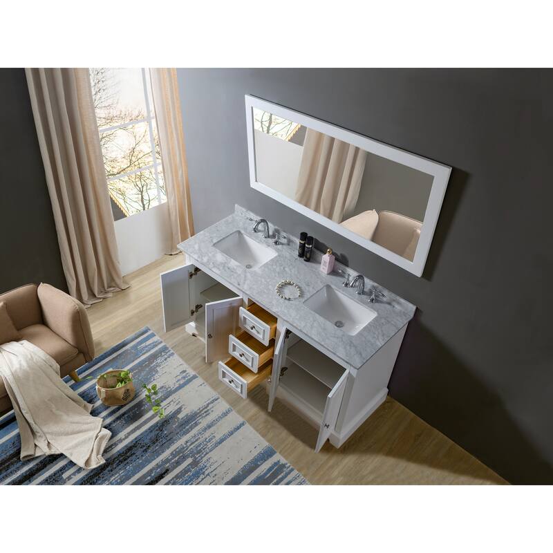 Kingswood 60 in. Vanity in White with White Carrara Marble Top and 1 large mirror