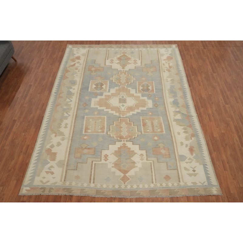 Hand Woven Oriental 100% Wool Carpet Southwestern Tribal Navy Blue & Blues Kilim Area Rug - 13' 2'' X 9' 9''