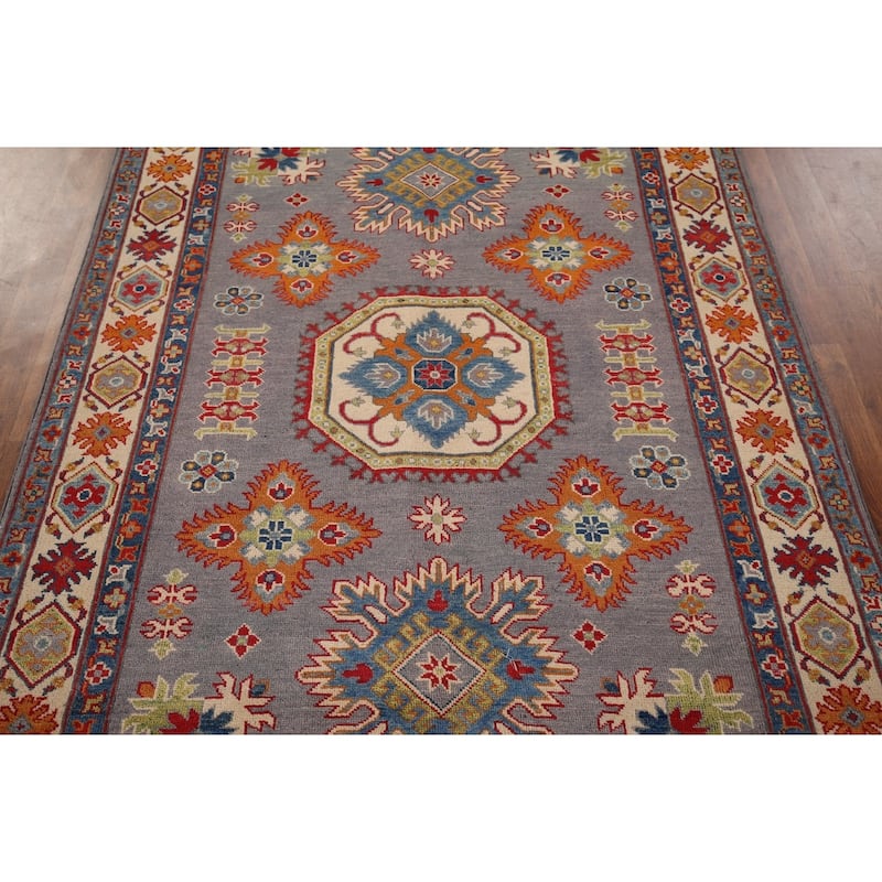 Gray Geometric Kazak Oriental Rug Living Room Handmade Wool Carpet - 4'9" x 6'9"