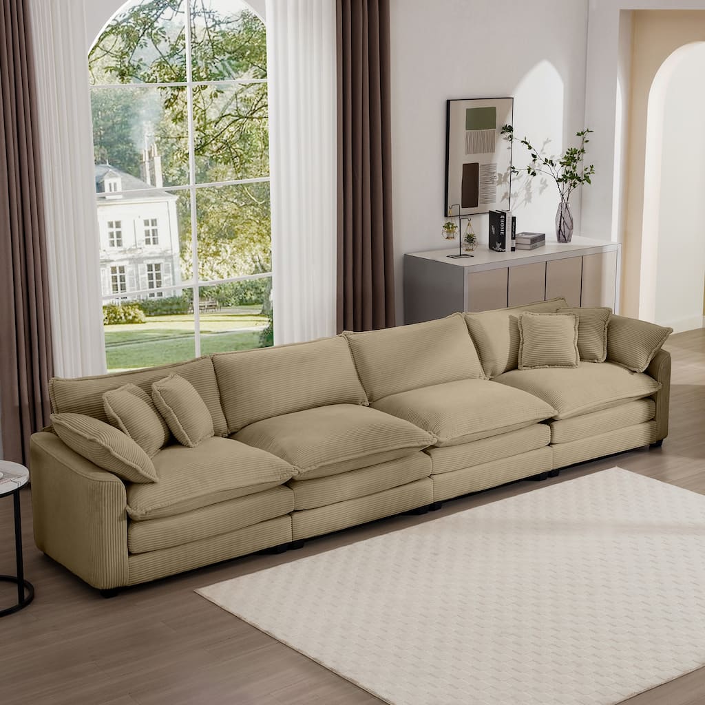 Tan 150" Corduroy 4-Seater Modular Sectional Sofa with 6 Pillows