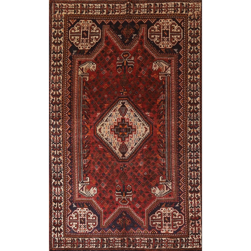 Red Shiraz Persian Vintage Area Rug Handmade Wool Carpet - 5'0"x 8'0"