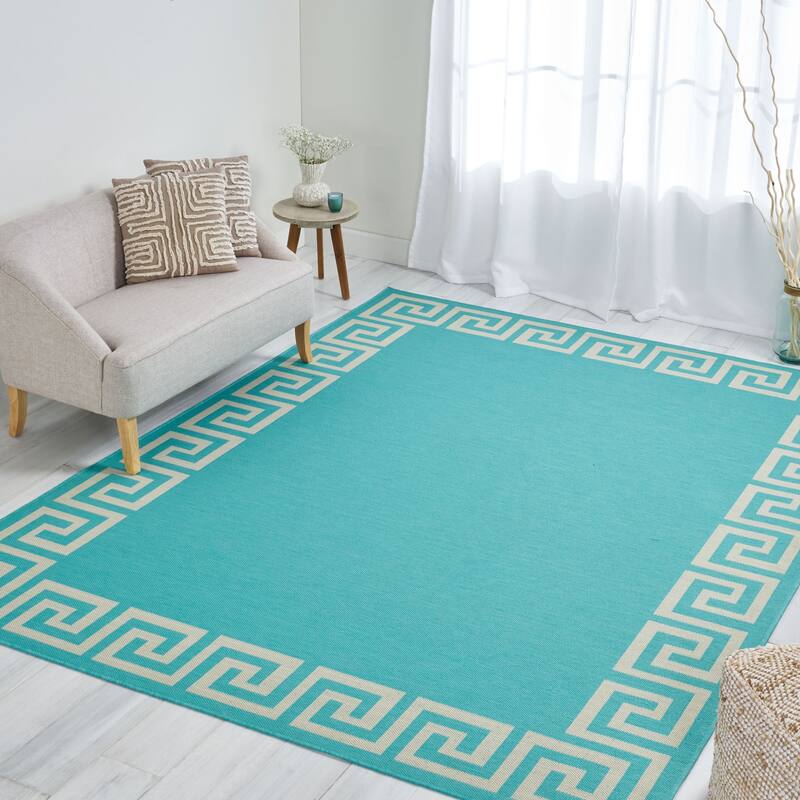 Turquoise Outdoor Area Rug with Greek Key Border, Durable Polypropylene, Ideal for Outdoor Spaces - 9'3" x 12'3"