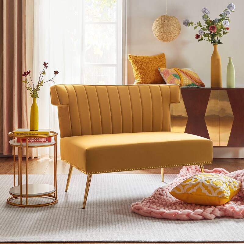 Aeneas 46"in. Modern Velvet Wingback Tufted Nailhead Trim Loveseat with Metal Adjustable Legs by HULALA HOME - MUSTARD
