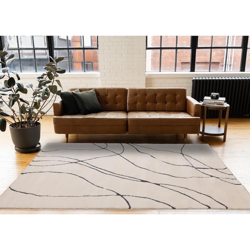 White Black Organic Lines Soft Textured Rug