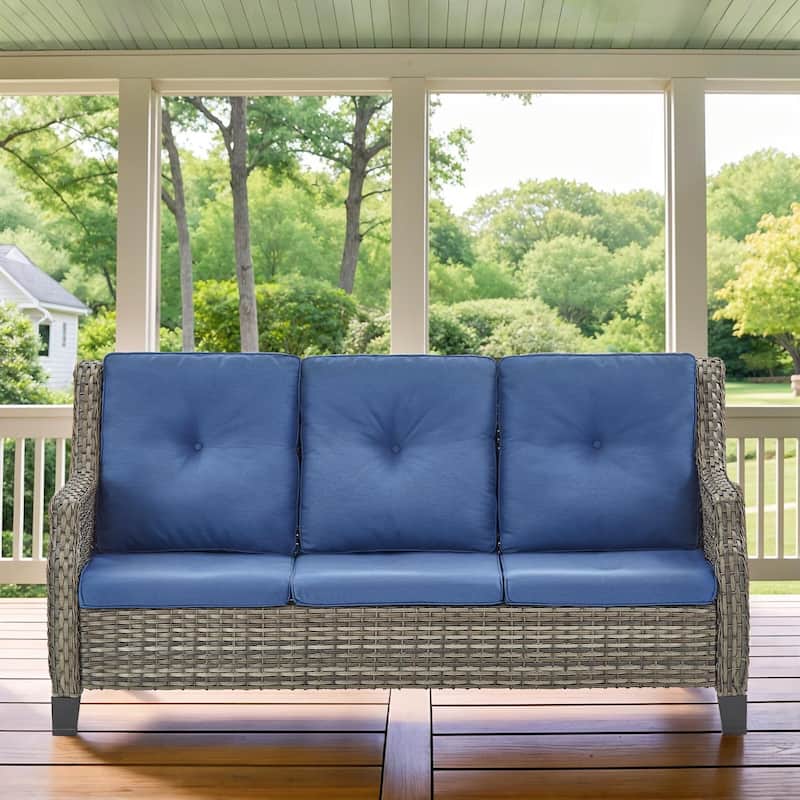3-Seat Patio PE Wicker Couch Furniture Outdoor - Grey - Blue - Grey
