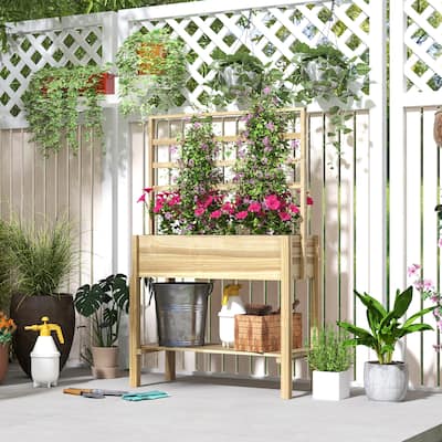 Outsunny Wooden Raised Garden Bed w/ Trellis, Elevated Planter Box w/ Storage Shelf, Drainage Holes & Liner, Outdoor Flower Box