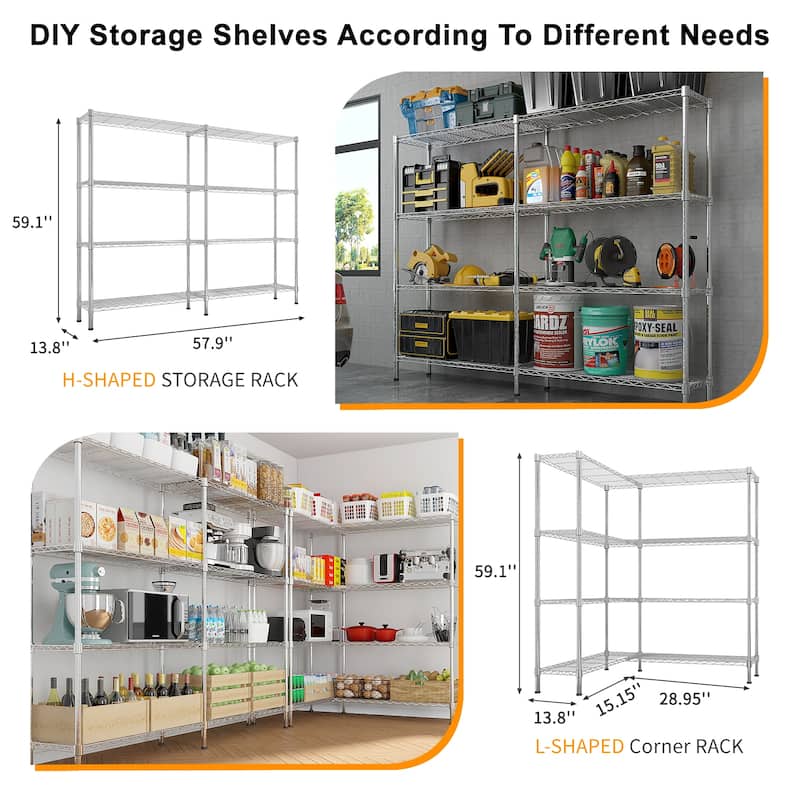 58''W Adjustable Storage Shelves 1200LBS NSF Wire Shelving Unit 4 Tier Metal Shelving for Storage Rack Shelves for Storage H