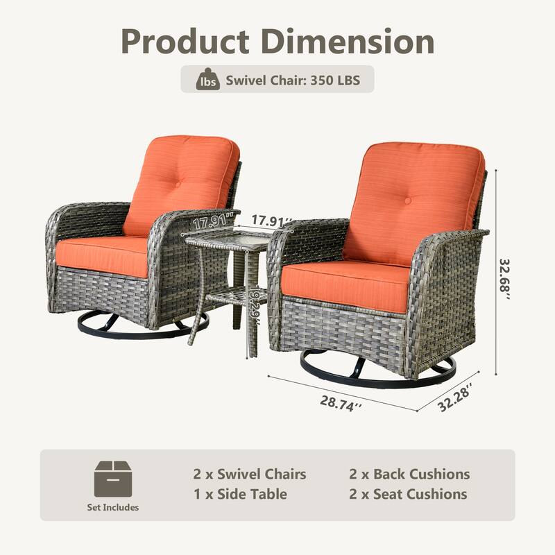 HOOOWOOO 3-piece Grey Wicker Patio Swivel Rocking Chair Set