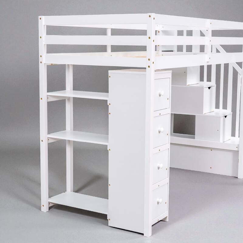 Twin Size Wooden Loft Bed with Drawers, Shelves, and Stairs for Kids Teens, No Box Spring Required