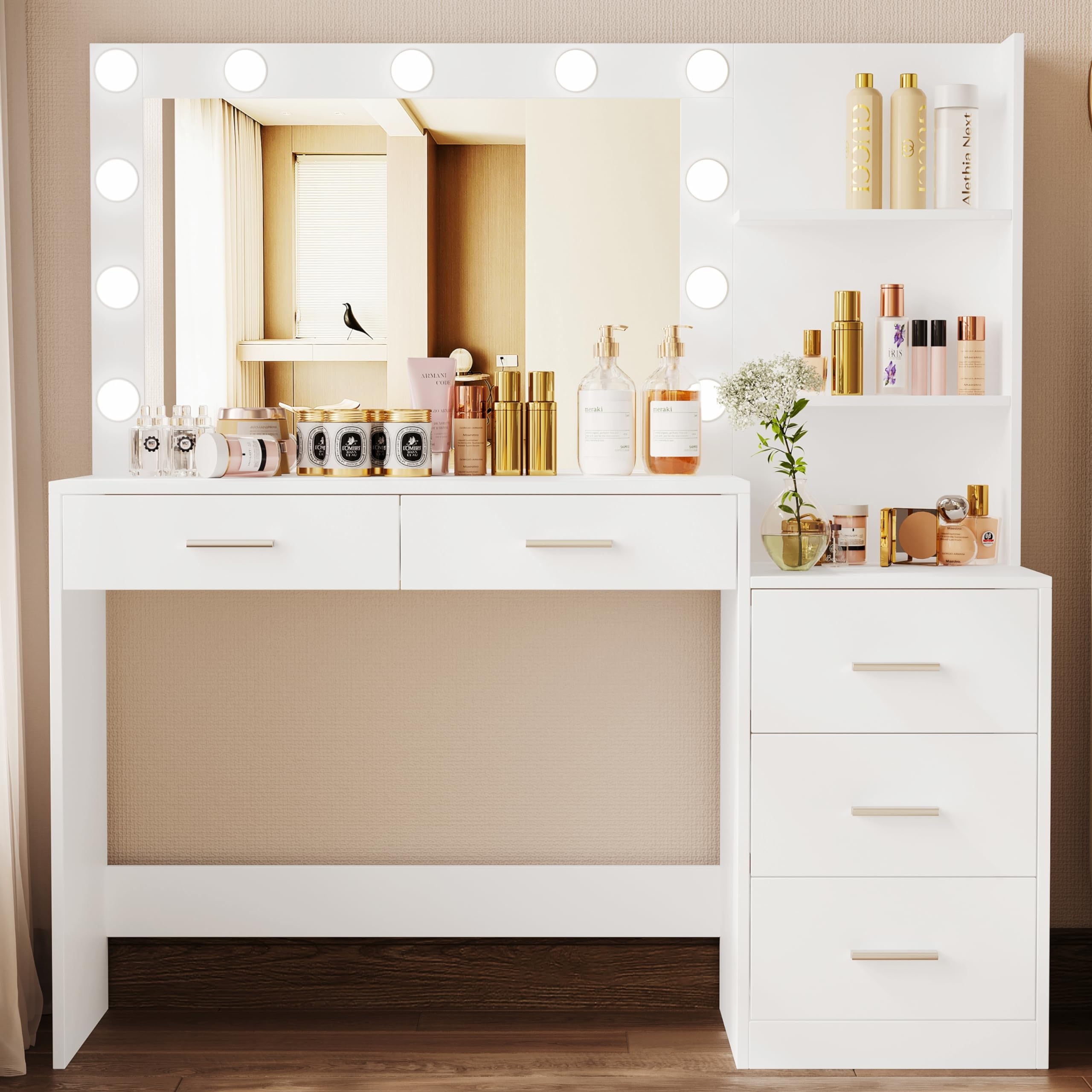 46.7 Makeup Vanity Table with Lighted Mirror Large Vanity Desk with Shelf 5 Drawers Bedroom Dressing Table LED Lights