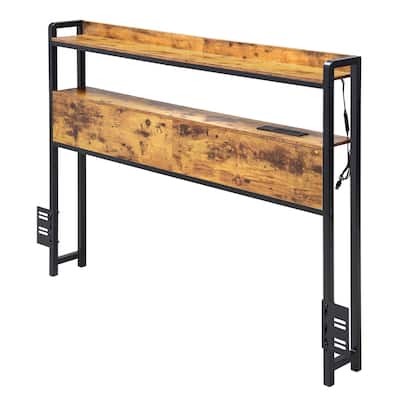 Brown Carbon Steel Full Size Headboard with LED Lights, Power Strips and Storage Shelves