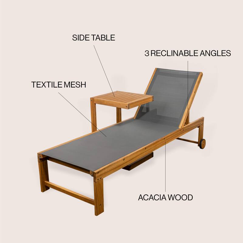 Barclay Coastal Modern Acacia Wood Mesh 3-Position Outdoor Chaise Lounge Set with Side Table, by JONATHAN Y