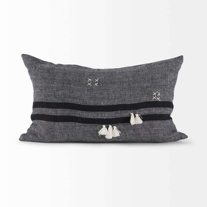 Sibyl 13L x 21W Dark Gray and Black Fabric Striped and Fringed Decorative Pillow Cover