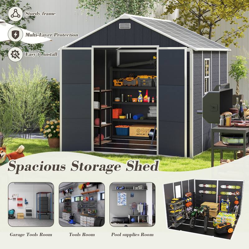 8*8ft Resin Storage Shed, High Quality PP Material, Waterproof, Rust And UV Proof, Large Storage Space, 12mm Thick PP Board