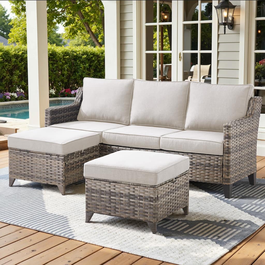 Glissia 3-Seat Handwoven Gray Wicker Patio Sofa with 4-Inch Thick Cushions and Ottomans