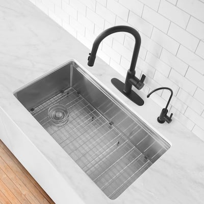 Single Handle Pull Down Kitchen Faucet with Water Tap and Faucet Plate in Black