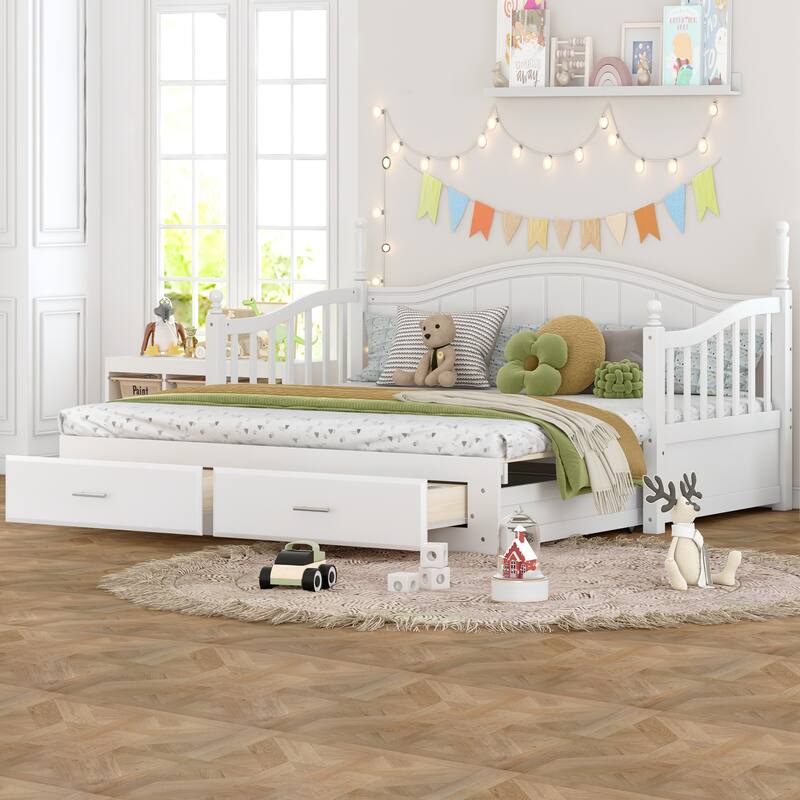 Wooden Twin Size Daybed with Twin Size Trundle, Extendable Daybed with Two Storage Drawers