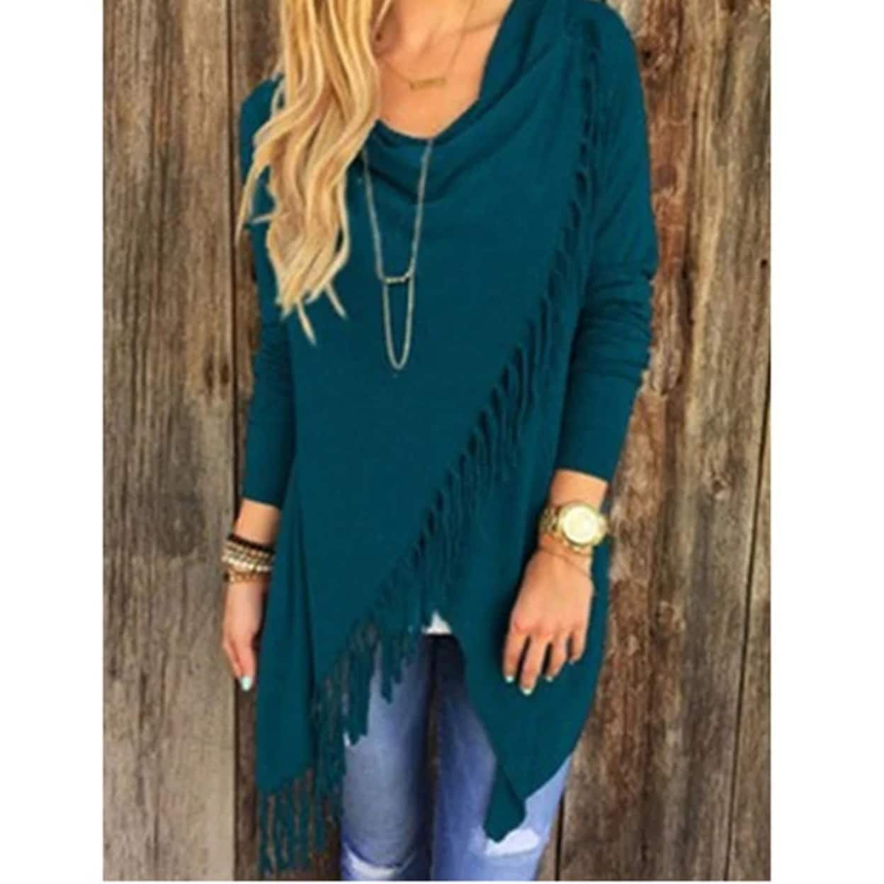 Casual Long Sleeve Asymmetrical Fringed Ruched T-Shirt