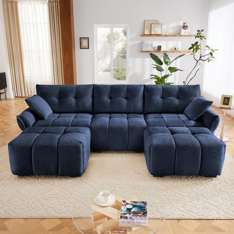 Modular 4-Seat Chenille Sofa Set with 2 Ottomans, High-Resilience Cushions and Solid Wood Frame