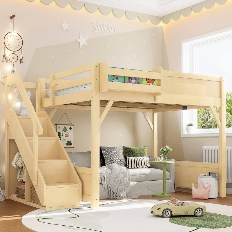Full/Twin Loft Bed with Built-in Wardrobe, Storage & Stairs - Solid Wood, Full-Length Guardrails, No Box Spring - Natural - Full