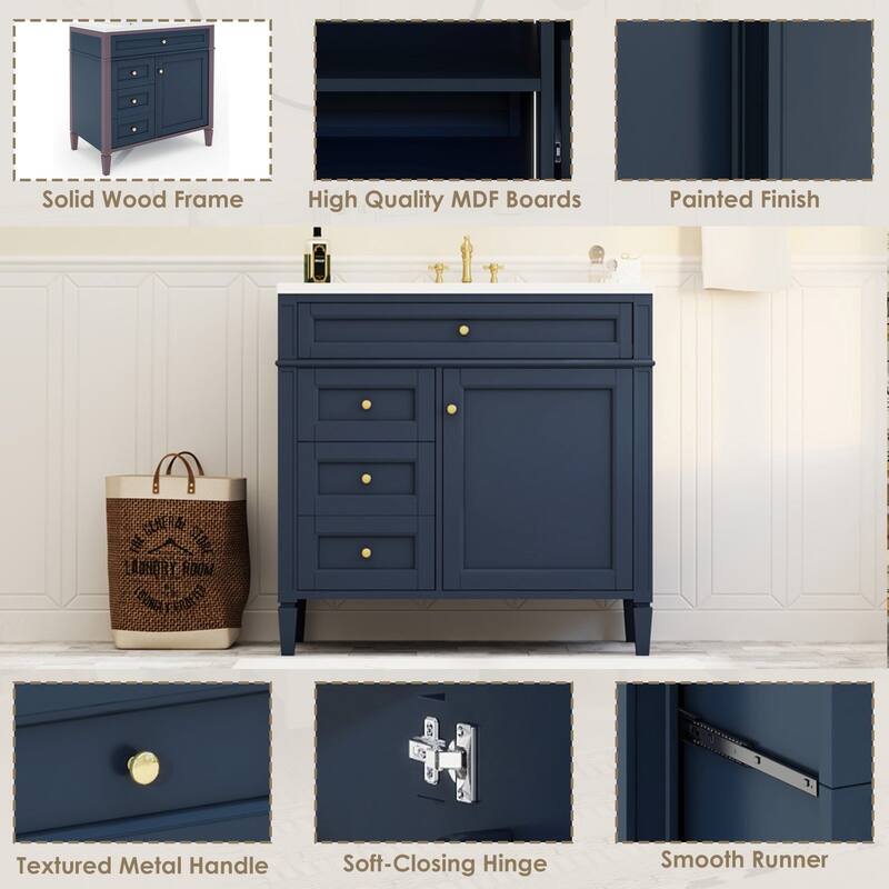 36 inch Solid Wood and MDF Freestanding Bathroom Vanity Set with Integrated Ceramic Sink - 36'' x 33''