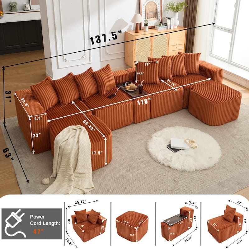 Boneless Modular Sofa with USB, Wireless Charging & Coffee Table Board