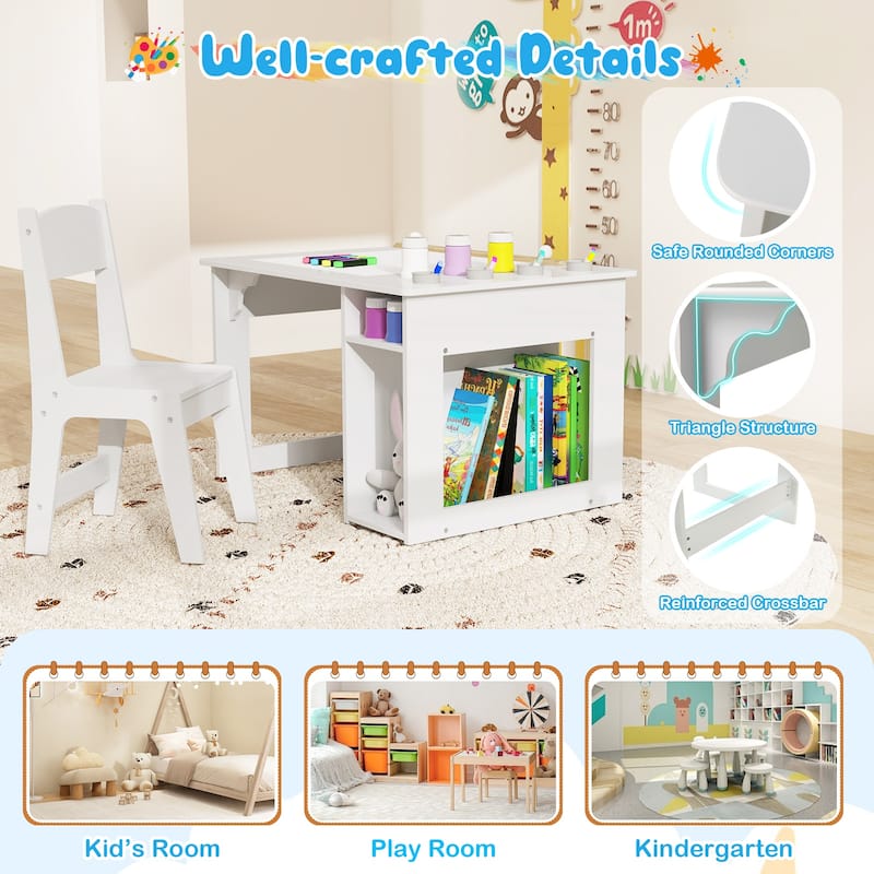 Gymax Kid's Art Table & Chair Set w/ Paper Roll 4 Paint Cups & 2