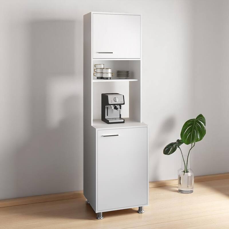 Freestanding White Pantry Cabinet with Open Center Shelf, Upper & Lower Doors, Compact Kitchen Storage - White