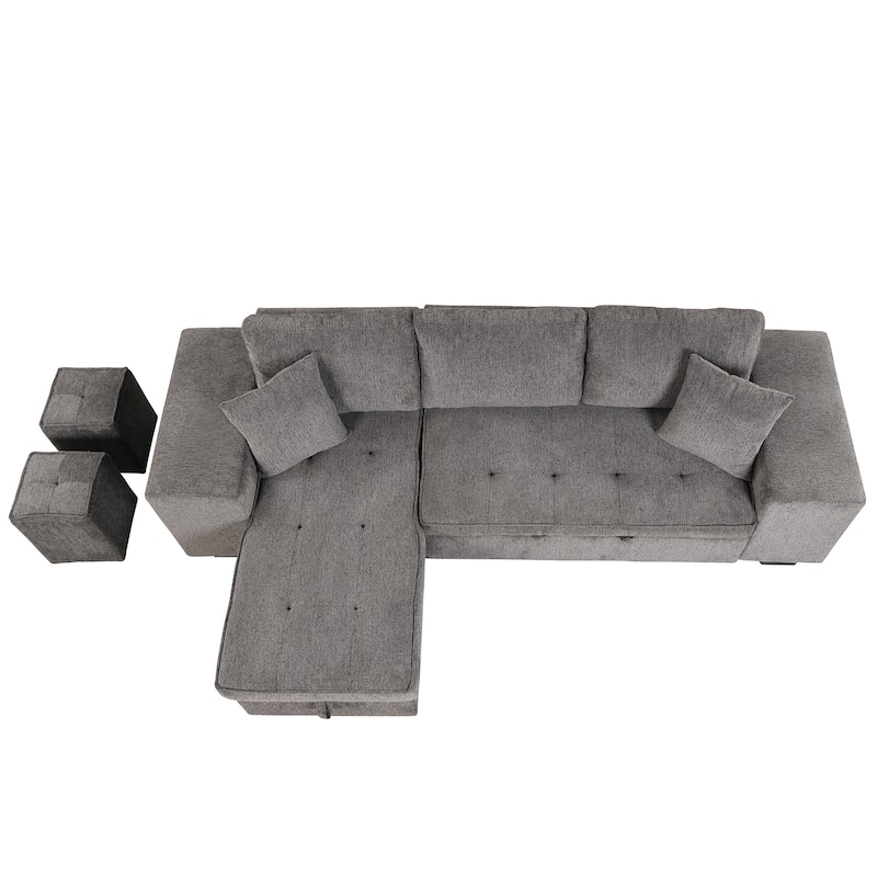 104.5" Linen L-Shaped Sectional Sofa Bed with Stools