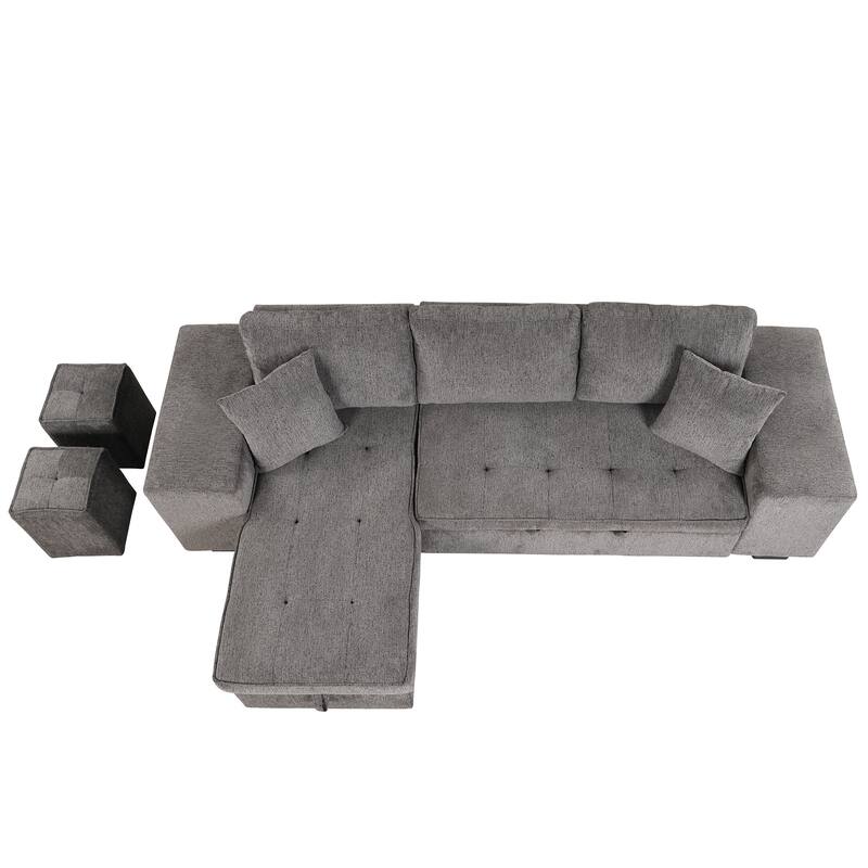Modern L Shaped Sleeper Sofa with Pull Out Bed and Chaise Storage and Extra Stools for Apartments or Guest Rooms