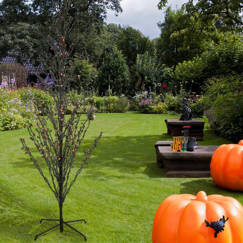 9' Pre-Lit Black Cascade Outdoor Halloween Twig Tree, Orange Lights