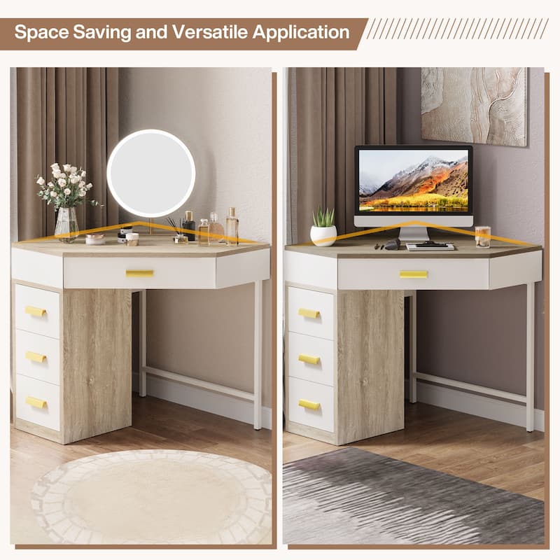 Triangle Computer Desk with 4 Drawers, 90 Degree Writing Desk PC Table Makeup Vanity Desk with Storage for Home Office