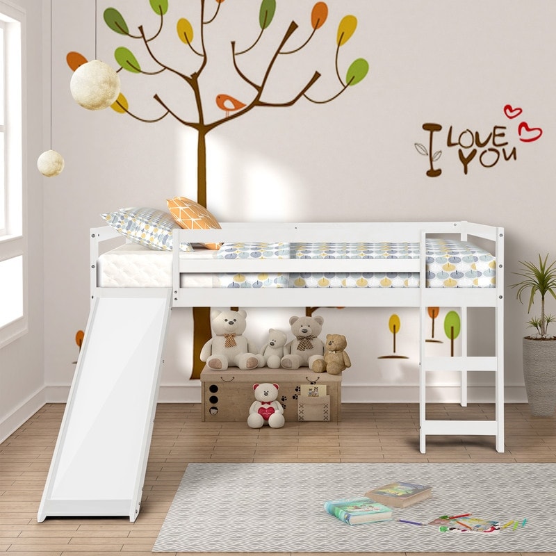 Wood Low Sturdy Loft Bed Grey Twin Loft Bed with Slide for Kids/Toddlers 78.2 L x 42.3 W x 44.4 H No Box Spring Needed