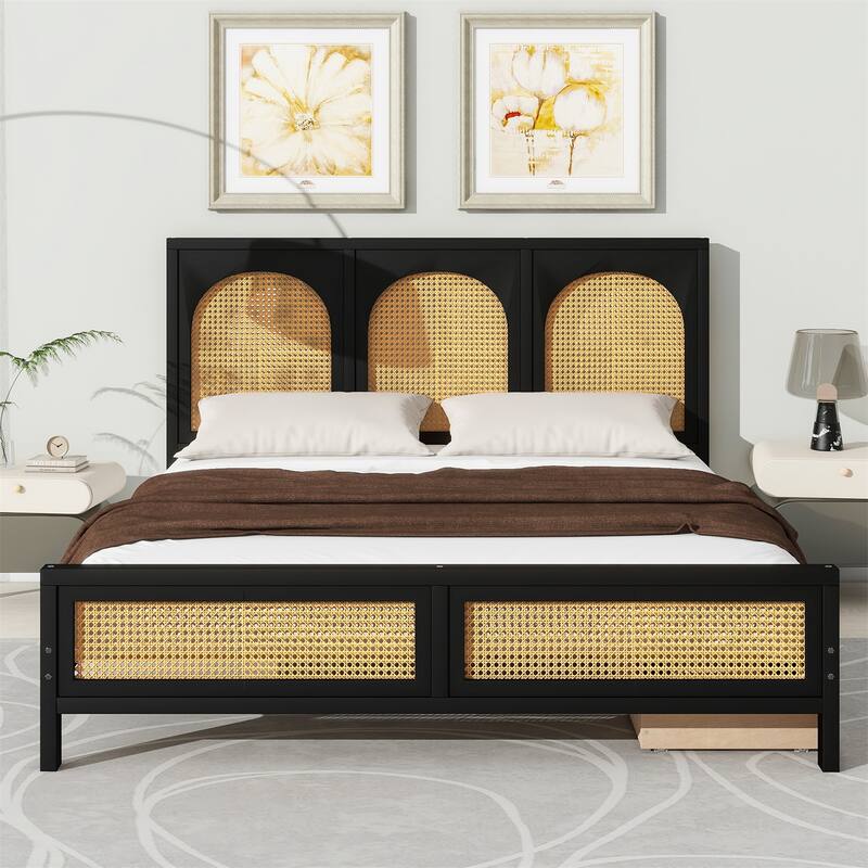 Queen Size Wood Storage Platform Bed with Rattan Headboard and Footboard
