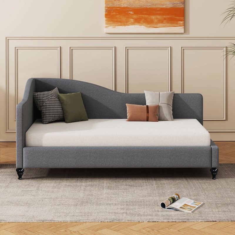 L-Shaped Daybed Linen Upholstered Wood Slat Bed with Solid Wood Legs and Curved Armrest & Backrest for Bedroom Living Room - Grey - Twin