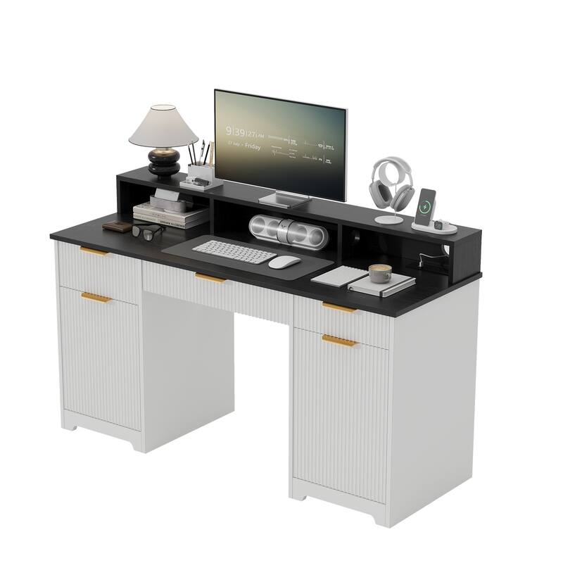 Pocassy Fluted Office Desk with Power Outlets Long Monitor Stand