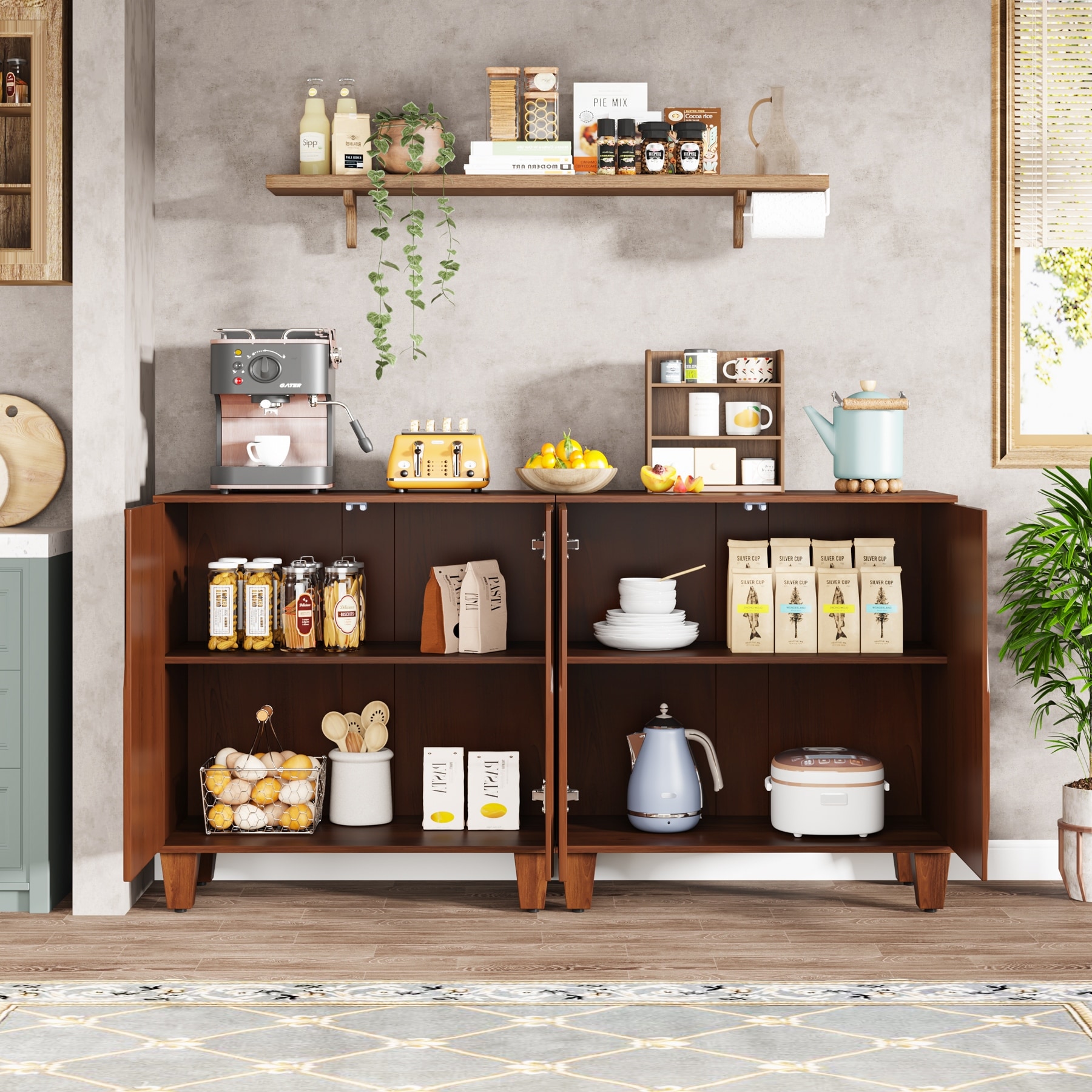 55 Sideboard Buffet Storage Credenza Cabinet with Solid Wood Legs Brown